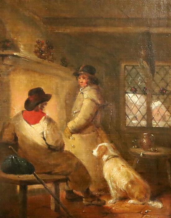 Attributed to George Morland (1764-1804) Travellers before the hearth 11 x 9in.
